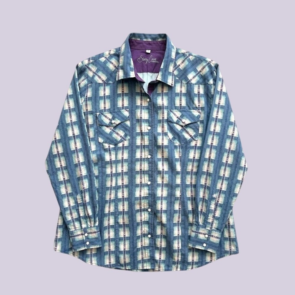 Sherry Cervi by Resistol Womens 2XL Teal Purple Plaid Western Pearl Snap Shirt
